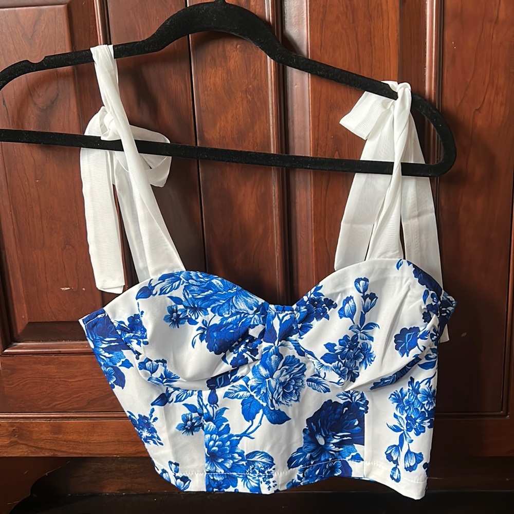 Blue floral top with ribbon ties